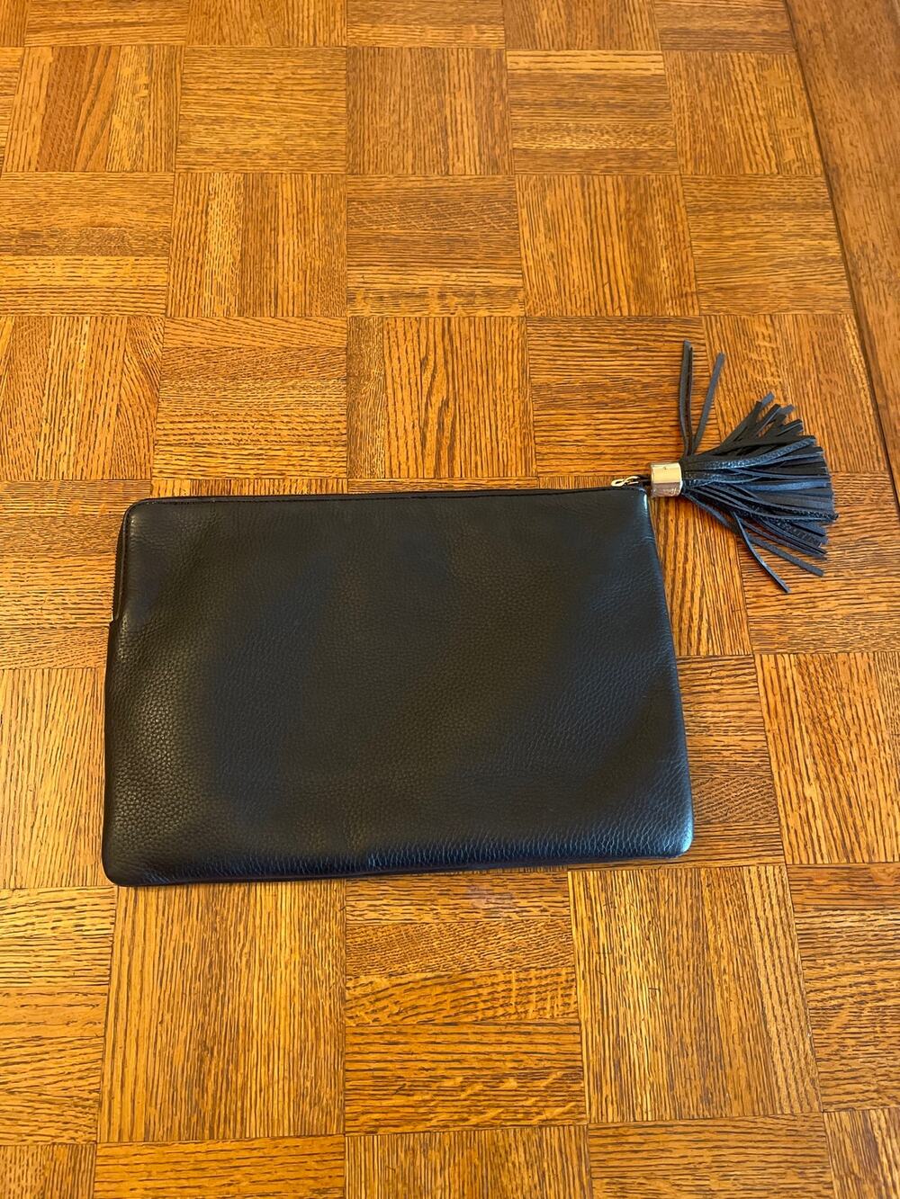 GILI PEBBLED, LEATHER, BLACK TASSEL CLUTCH POUCH